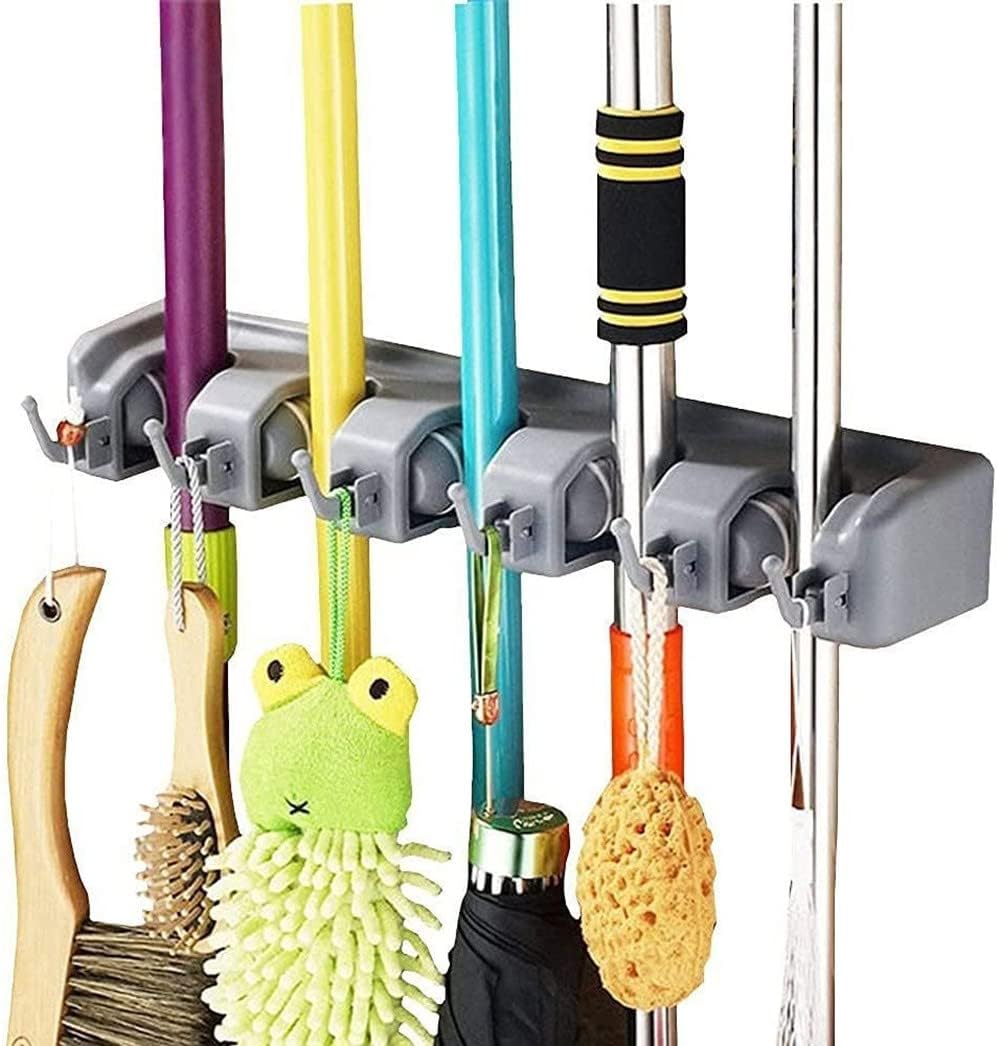 Wall-Mounted Broom & Toiletries Organizer – Space-Saving, Multi-Purpose Storage Rack with Hooks