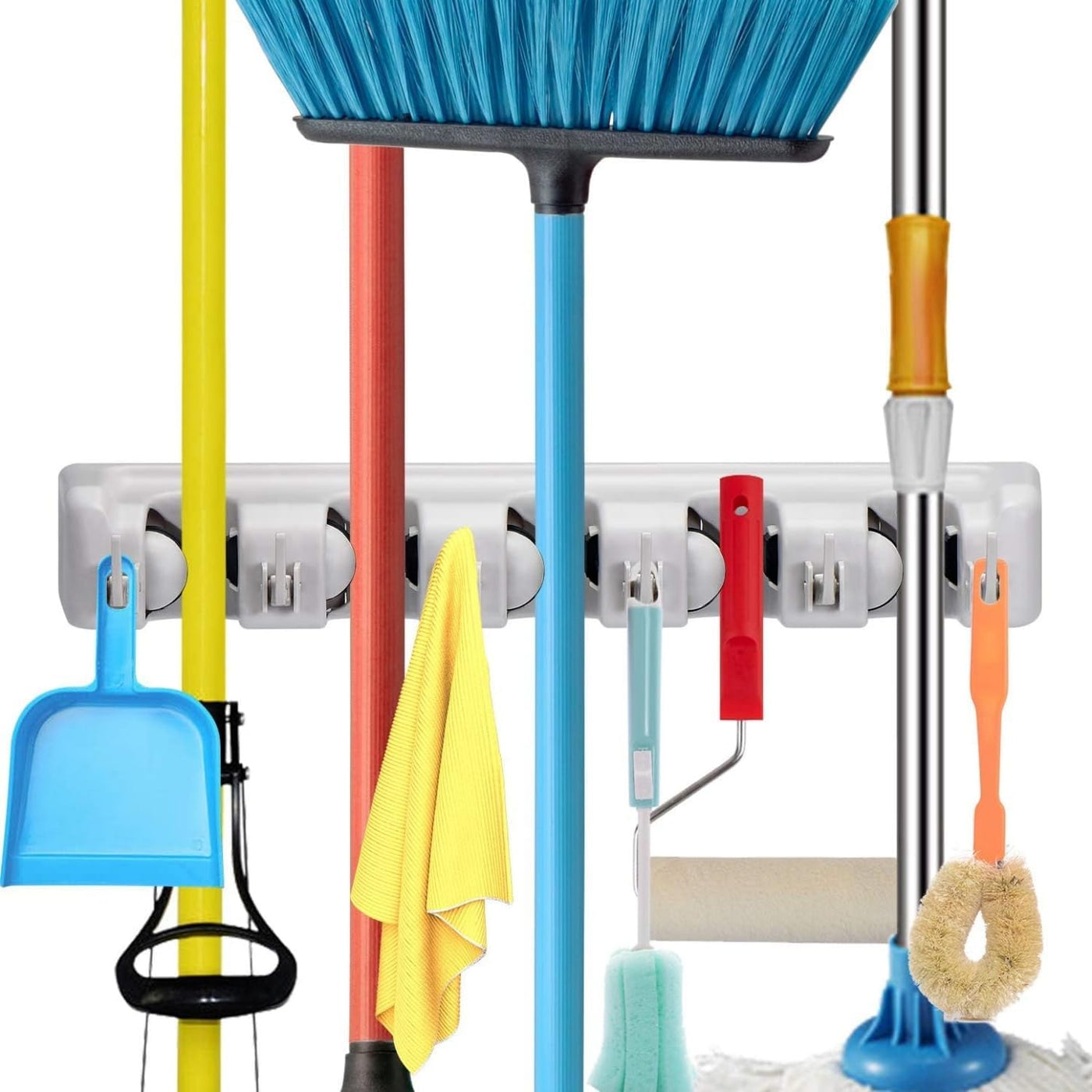 Wall-Mounted Broom & Toiletries Organizer – Space-Saving, Multi-Purpose Storage Rack with Hooks