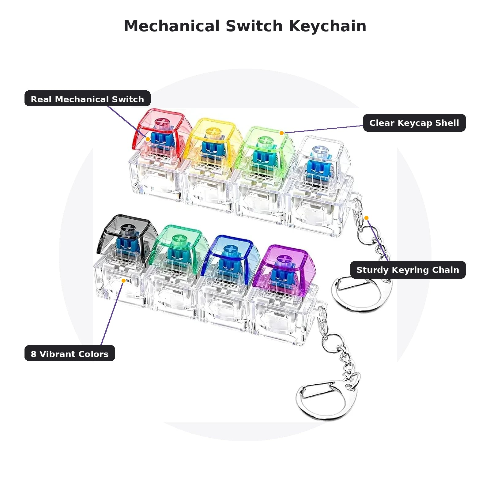 Mechanical switch keychain features with clear shell and sturdy keyring chain