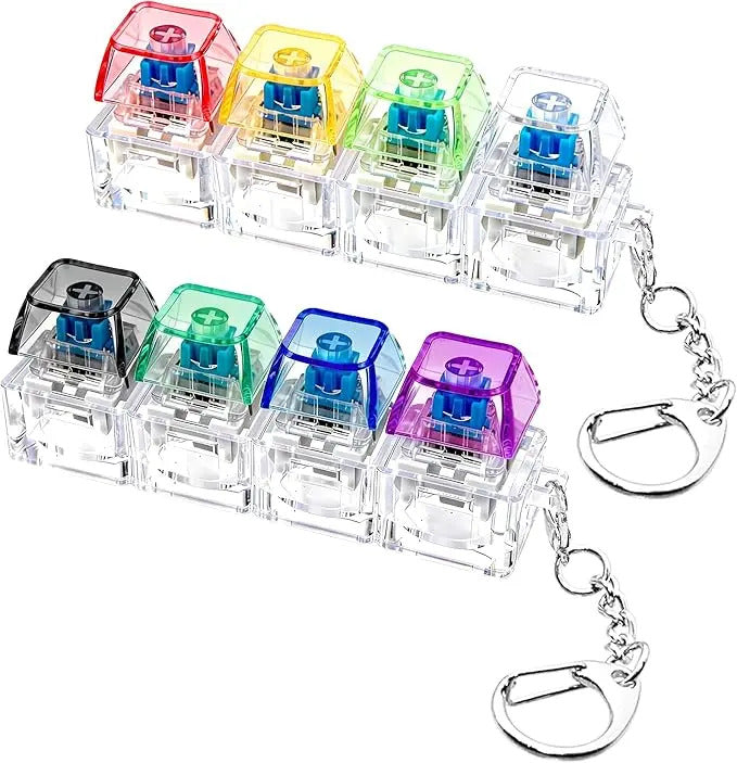 Colorful mechanical switch keychains with transparent housings and keyring chains